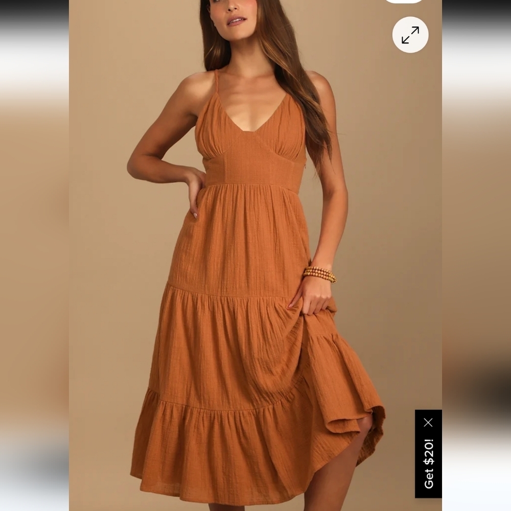 Lulu's Bliss Abound Rust Brown Tiered Midi Dress Peasant Beach Summer Bohemian S